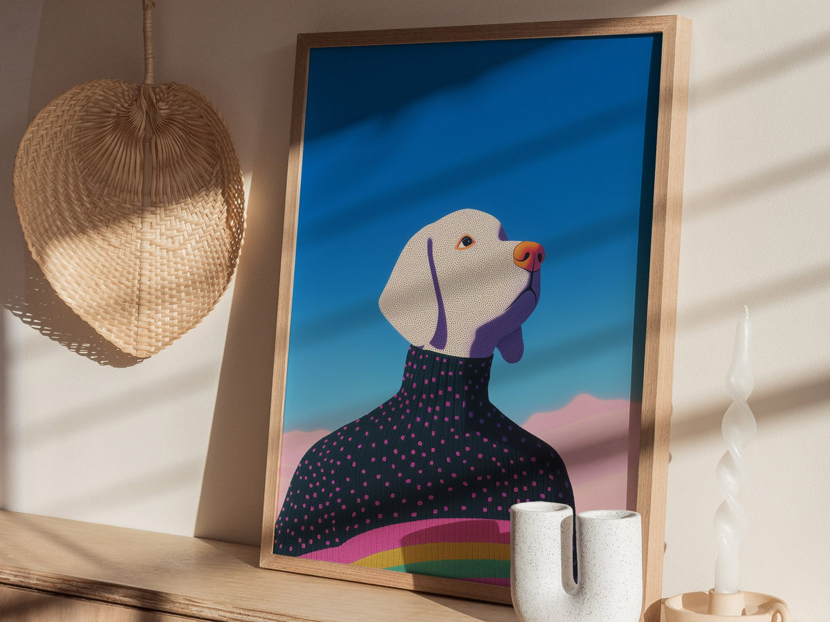 Rainbow Dog Sweater Poster | Kids Art Print — styled in an interior