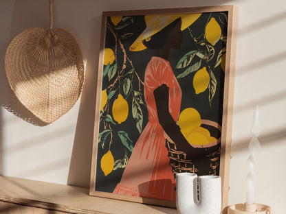 Woman Carries Lemons Poster | Yellow and Coral Screen Print Art Print | Kitchen Wall Art — styled in an interior