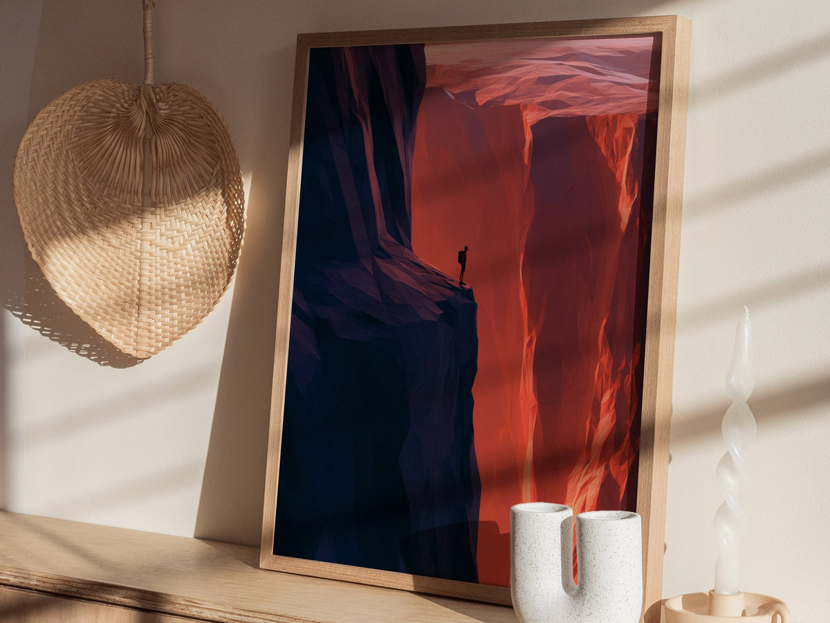 Hiker Finds the Edge Poster | Rust and Purple Low Poly Art Print | Hikers Wall Art — styled in an interior