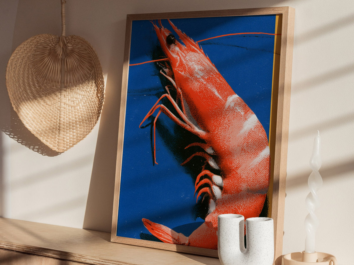 prawn-on-blue Poster | Blue and Orange Screen Print Art Print | Kitchen Wall Art — styled in an interior