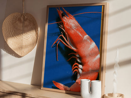 prawn-on-blue Poster | Blue and Orange Screen Print Art Print | Kitchen Wall Art — styled in an interior