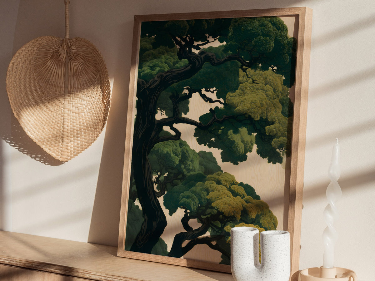 Under the Pines Poster | Forest Green Japanese Woodblock Art Print | Nature Lovers Wall Art — styled in an interior
