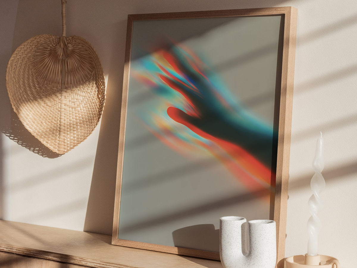 Almost Gone Poster | Coral and Cyan Abstract Art Print | Dark Fantasy Wall Art — styled in an interior