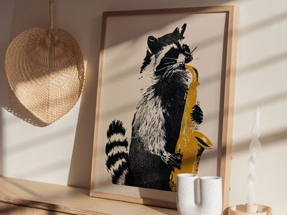 Raccoon Plays Saxophone Poster | Black and Yellow Screen Print Art Print | Music Lover Wall Art — styled in an interior