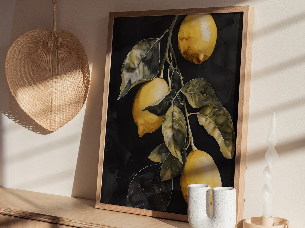 Three Lemons on Black Poster | Yellow and Black Japanese Watercolor Art Print | Kitchen Wall Art — styled in an interior