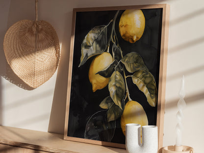 Three Lemons on Black Poster | Yellow and Black Japanese Watercolor Art Print | Kitchen Wall Art — styled in an interior