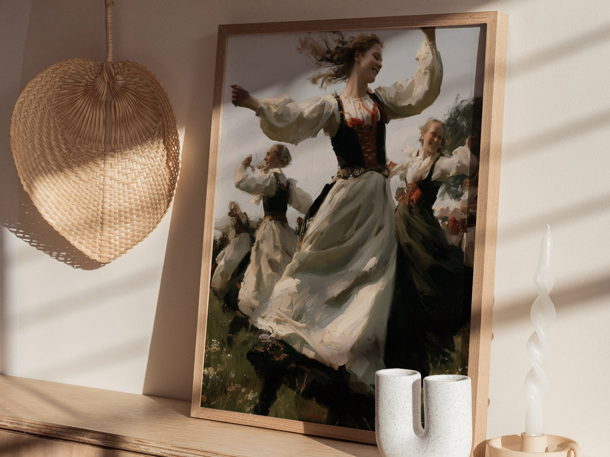 Woman Spins Summer Poster | Cream and Earth Oil Painting Art Print | Folk Art Wall Art — styled in an interior