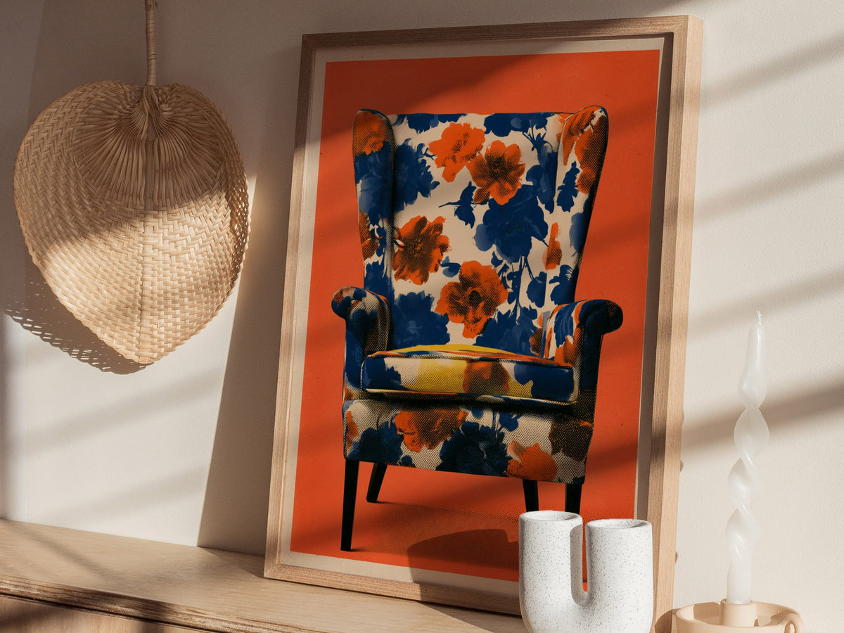 Armchair Blooms Poster | Cobalt and Coral Screen Print Art Print | Mid-Century Wall Art — styled in an interior