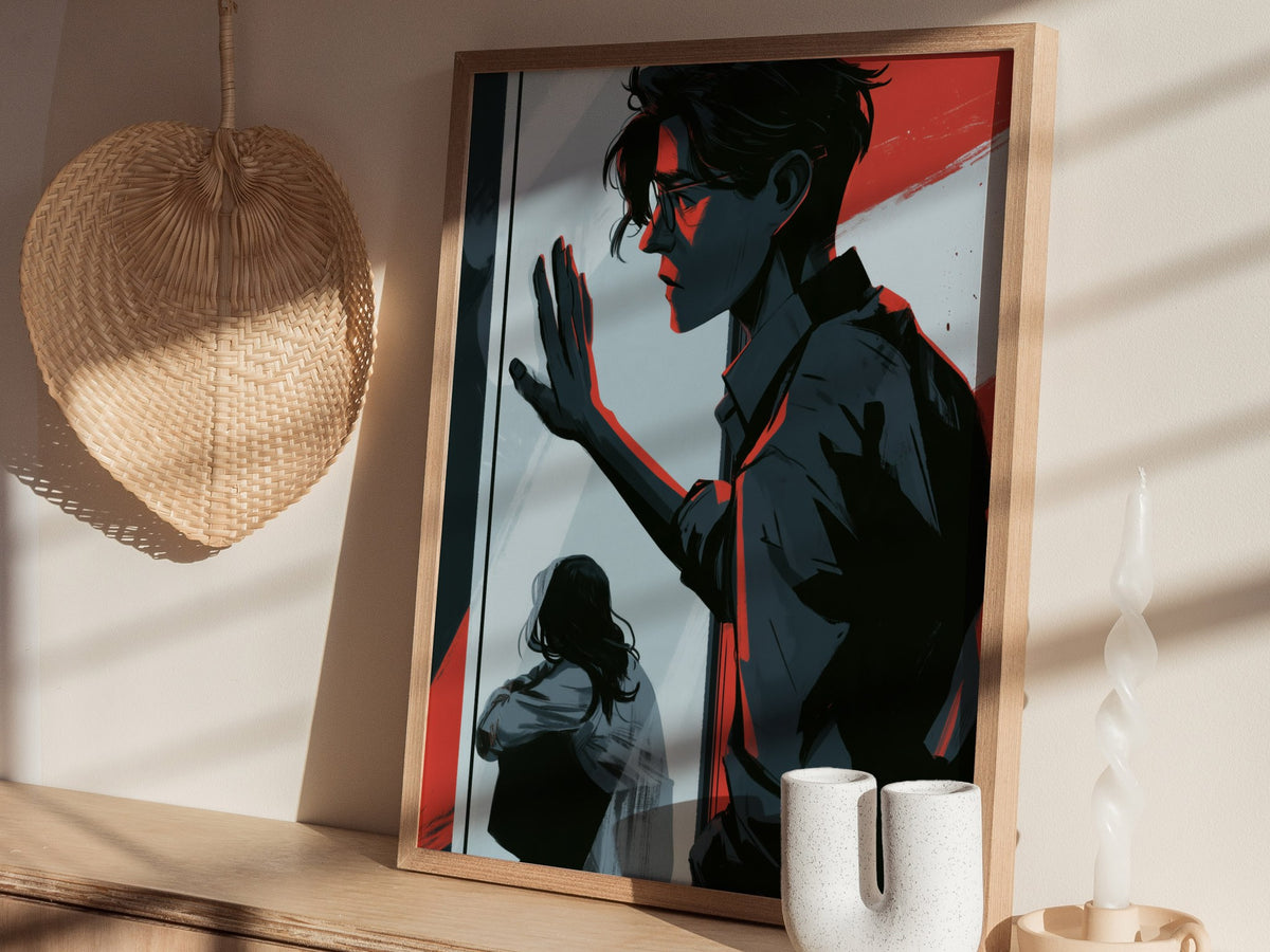 glass-divide Poster | Amber and Teal Illustrative Art Print | Dark Academia Wall Art — styled in an interior