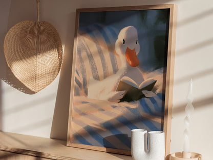 Duck Reads in Bed Poster | Soft Blue Illustrative Art Print | Kids Room Wall Art — styled in an interior