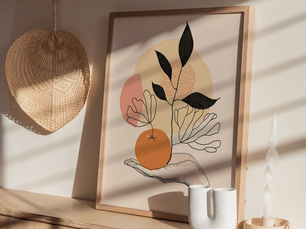 Hand Holds Peach Poster | Peach and Coral Minimalism Art Print | Minimalist Kitchen Wall Art — styled in an interior