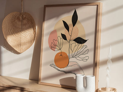 Hand Holds Peach Poster | Peach and Coral Minimalism Art Print | Minimalist Kitchen Wall Art — styled in an interior
