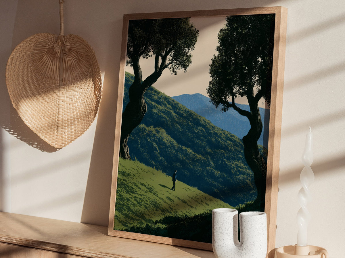 Child Climbs Green Slope Poster | Green and Sage Illustrative Art Print | Kids Room Wall Art — styled in an interior