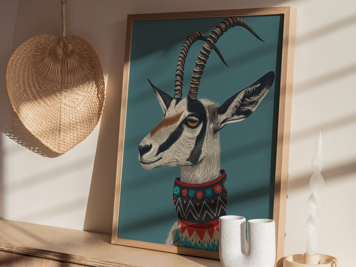 Gazelle Wears Collar Poster | Teal and Gray Illustrative Art Print | Modern Minimalist Wall Art — styled in an interior