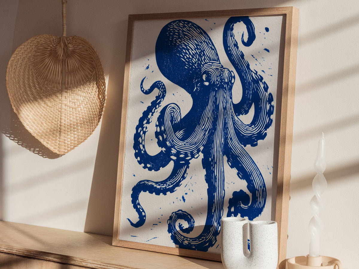 Octopus Unfurls Poster | Cobalt Blue Screen Print Art Print | Coastal Wall Art — styled in an interior