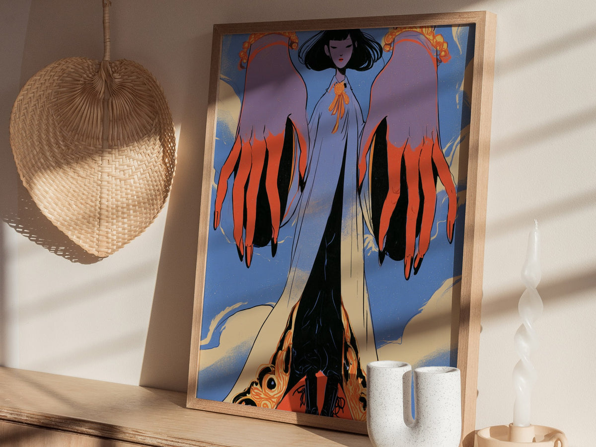 Figure Between Hands Poster | Coral and Periwinkle Illustrative Art Print | Art Deco Wall Art — styled in an interior