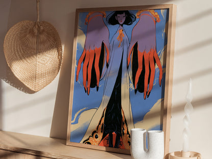 Figure Between Hands Poster | Coral and Periwinkle Illustrative Art Print | Art Deco Wall Art — styled in an interior