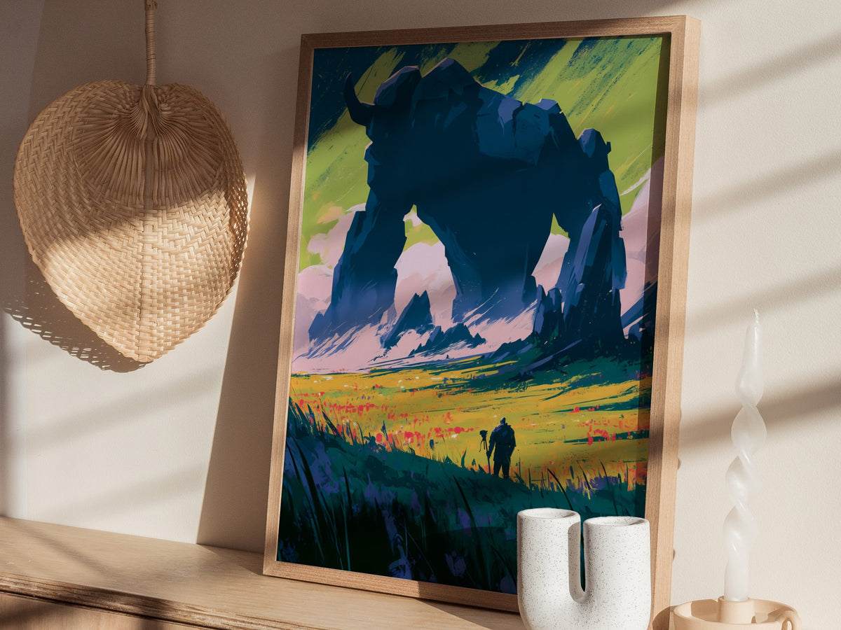 Stone Guardian at Dawn Poster | Navy and Orange Illustrative Art Print | Dark Fantasy Wall Art — styled in an interior