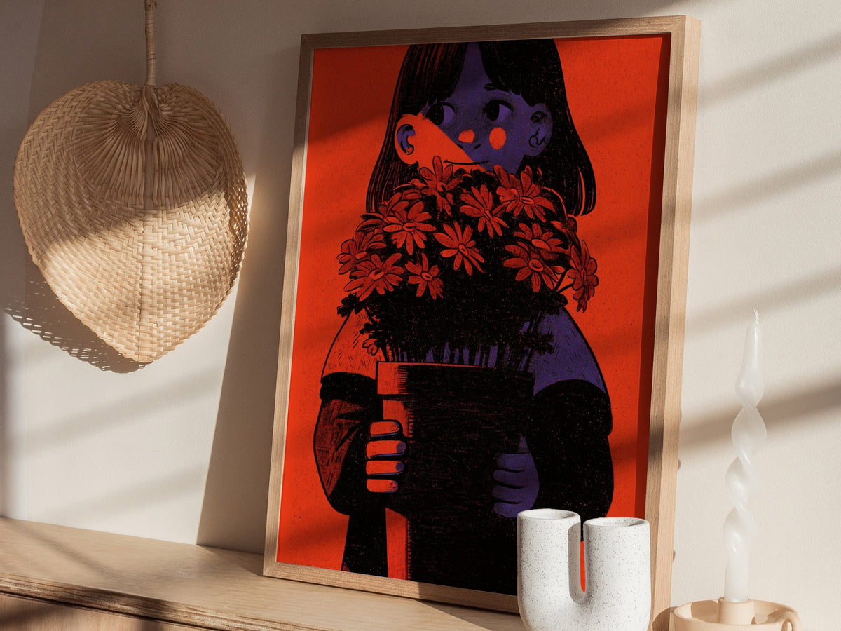 Girl Holds Blooms Poster | Coral and Purple Illustrative Art Print | Kids Room Wall Art — styled in an interior
