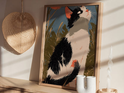 Cat Chasing Tail Poster | Cream and Coral Illustrative Art Print | Kids Room Wall Art — styled in an interior