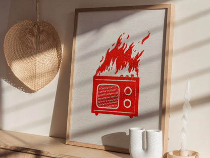 Radio Burns Poster | Red and Blue Screen Print Art Print | Retro Wall Art — styled in an interior