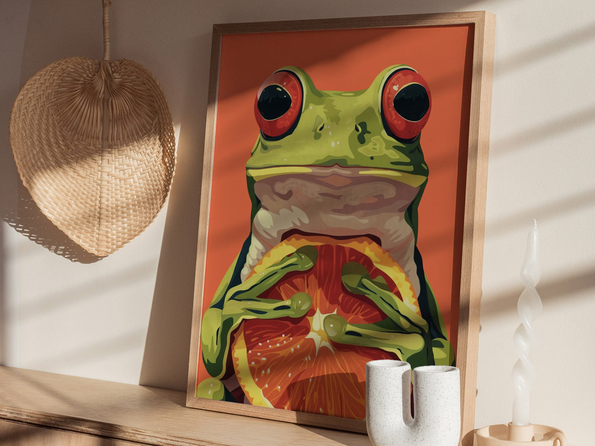 Frog with Orange Poster | Red and Green Flat Design Art Print | Kids Room Wall Art — styled in an interior
