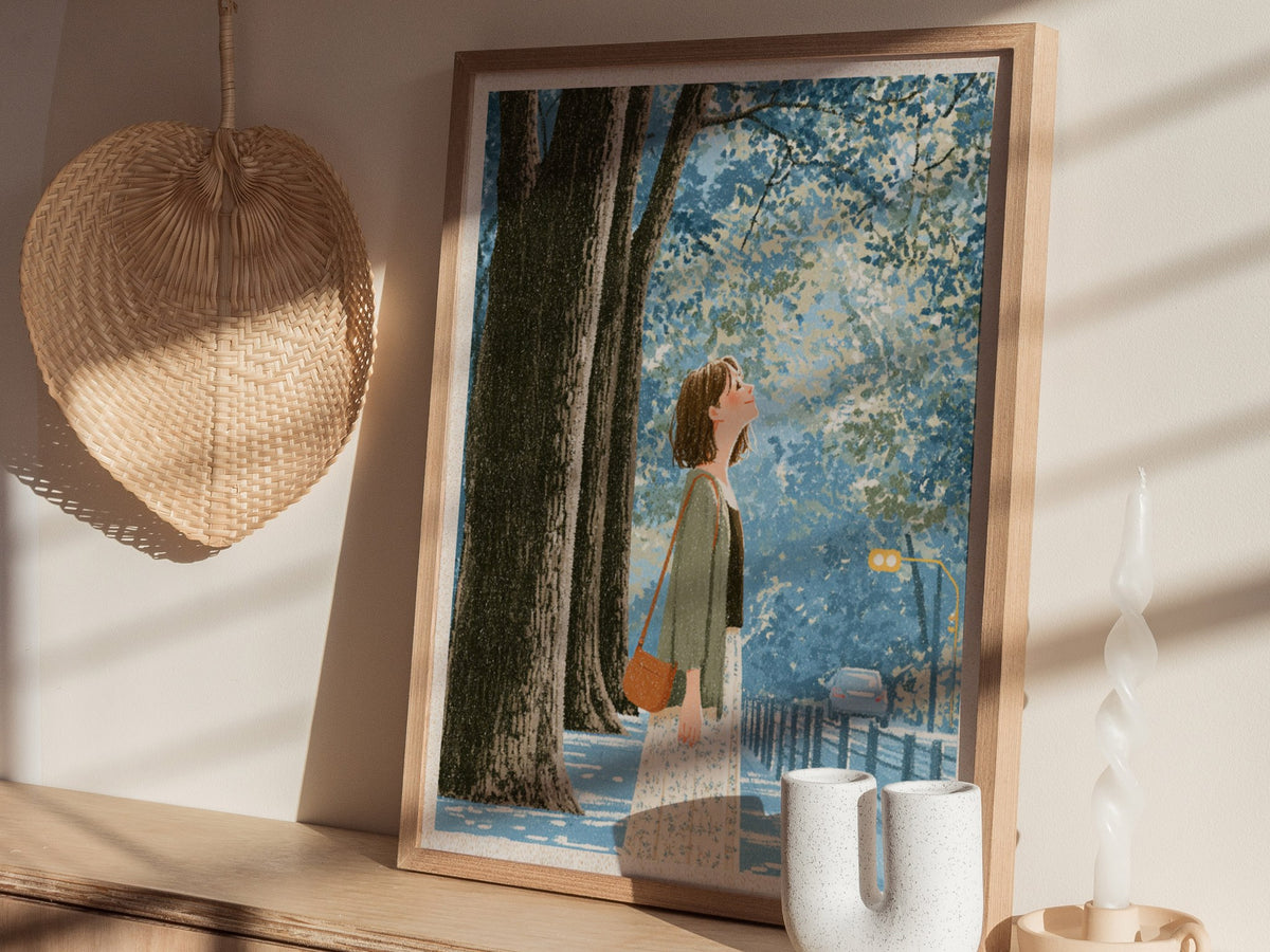 Woman Tilts Toward Light Poster | Olive and Cream Illustrative Art Print | Quiet Spaces Wall Art — styled in an interior