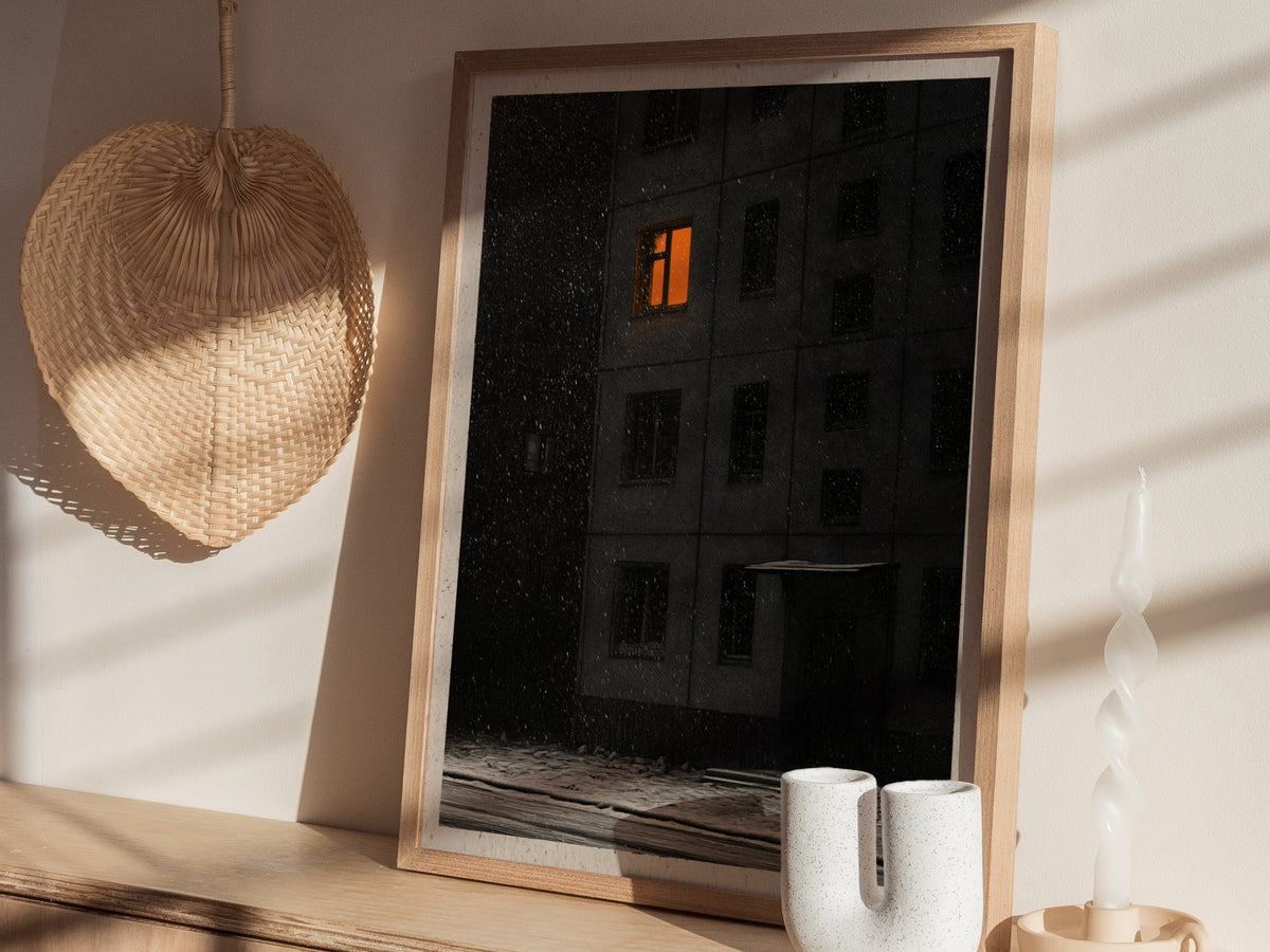 One Light Waits Poster | Black and Amber Pen and Ink Art Print | Dark Academia Wall Art — styled in an interior