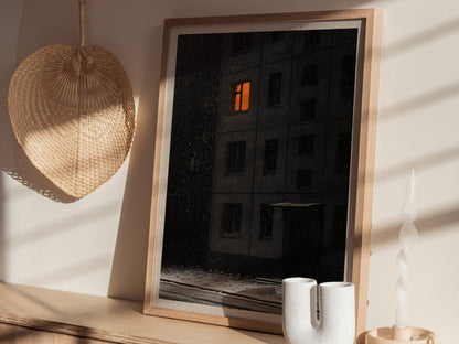 One Light Waits Poster | Black and Amber Pen and Ink Art Print | Dark Academia Wall Art — styled in an interior