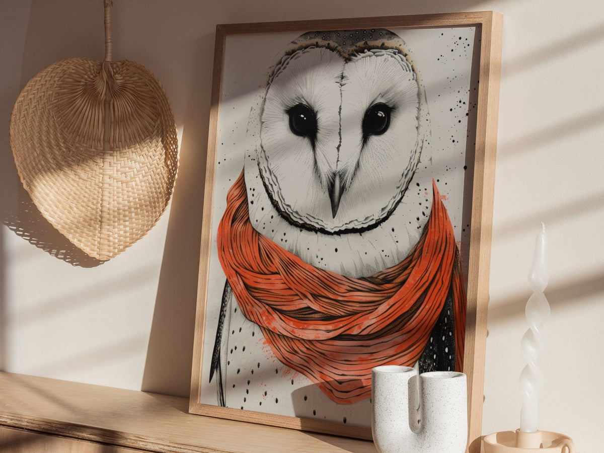 Owl in Scarf Poster | Black and Coral Pen and Ink Art Print | Cottagecore Wall Art — styled in an interior