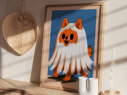Ghost Dog Poster | Orange and Cobalt Illustrative Art Print | Kids Room Wall Art — styled in an interior