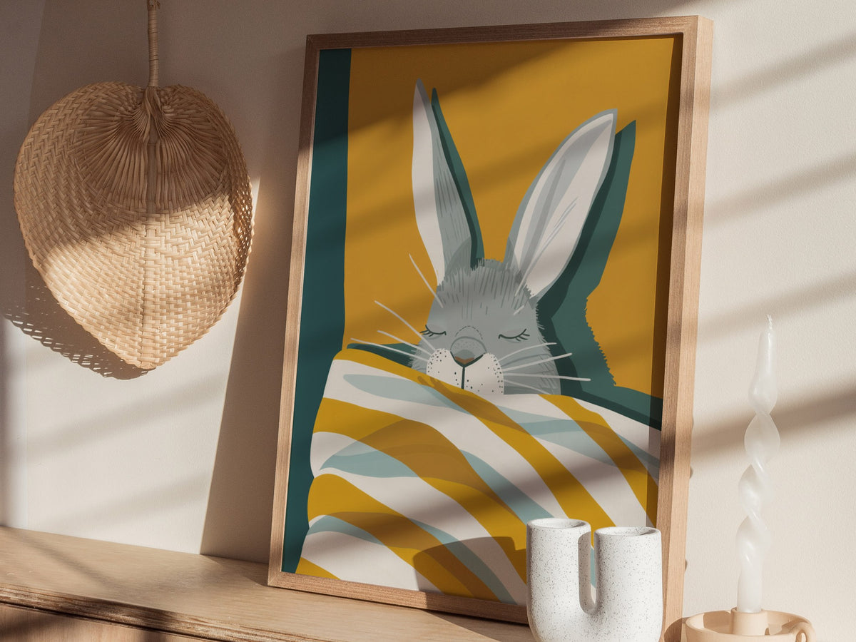 Rabbit Under Quilt Poster | Mustard and Teal Flat Design Art Print | Cottagecore Wall Art — styled in an interior