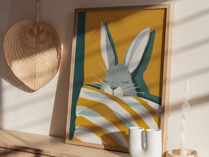 Rabbit Under Quilt Poster | Mustard and Teal Flat Design Art Print | Cottagecore Wall Art — styled in an interior