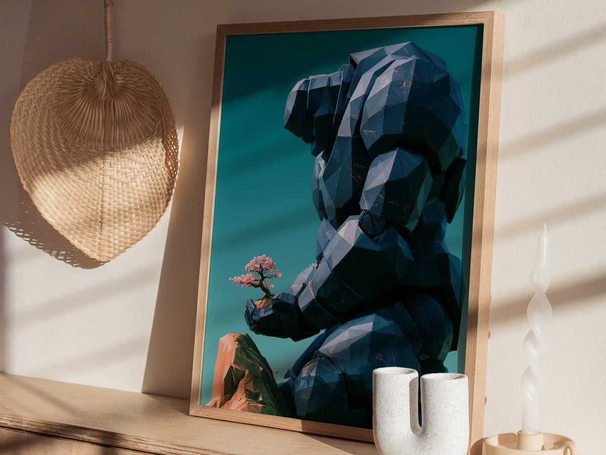 Golem Tends Blossom Poster | Navy and Teal Low Poly Art Print | Sci-Fi Wall Art — styled in an interior
