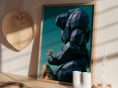 Golem Tends Blossom Poster | Navy and Teal Low Poly Art Print | Sci-Fi Wall Art — styled in an interior