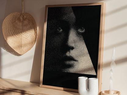 Face Emerging Light Poster | Black and Cream Pen and Ink Art Print | Dark Academia Wall Art — styled in an interior