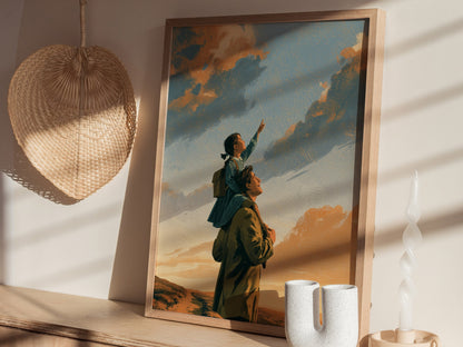 Shoulders Toward Sky Poster | Golden Orange Illustrative Art Print | Family Wall Art — styled in an interior