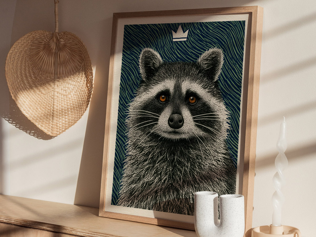 Raccoon Rules Stars Poster | Navy and Green Pen and Ink Art Print | Dark Academia Wall Art — styled in an interior