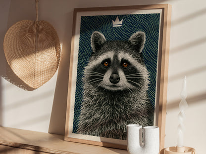 Raccoon Rules Stars Poster | Navy and Green Pen and Ink Art Print | Dark Academia Wall Art — styled in an interior