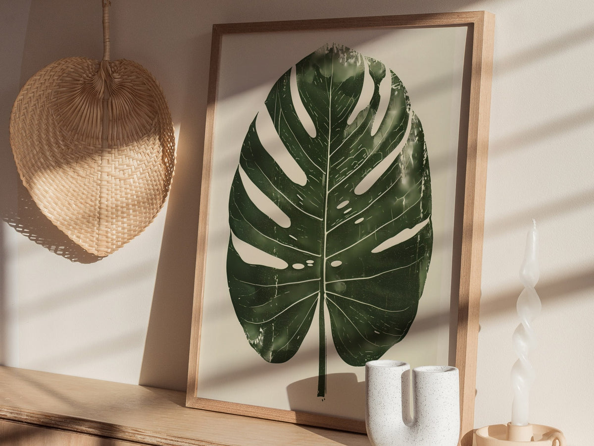 Monstera Leaf Grid Poster | Forest Green Screen Print Art Print | Botanical Wall Art — styled in an interior