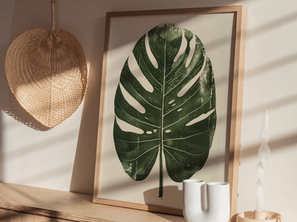 Monstera Leaf Grid Poster | Forest Green Screen Print Art Print | Botanical Wall Art — styled in an interior