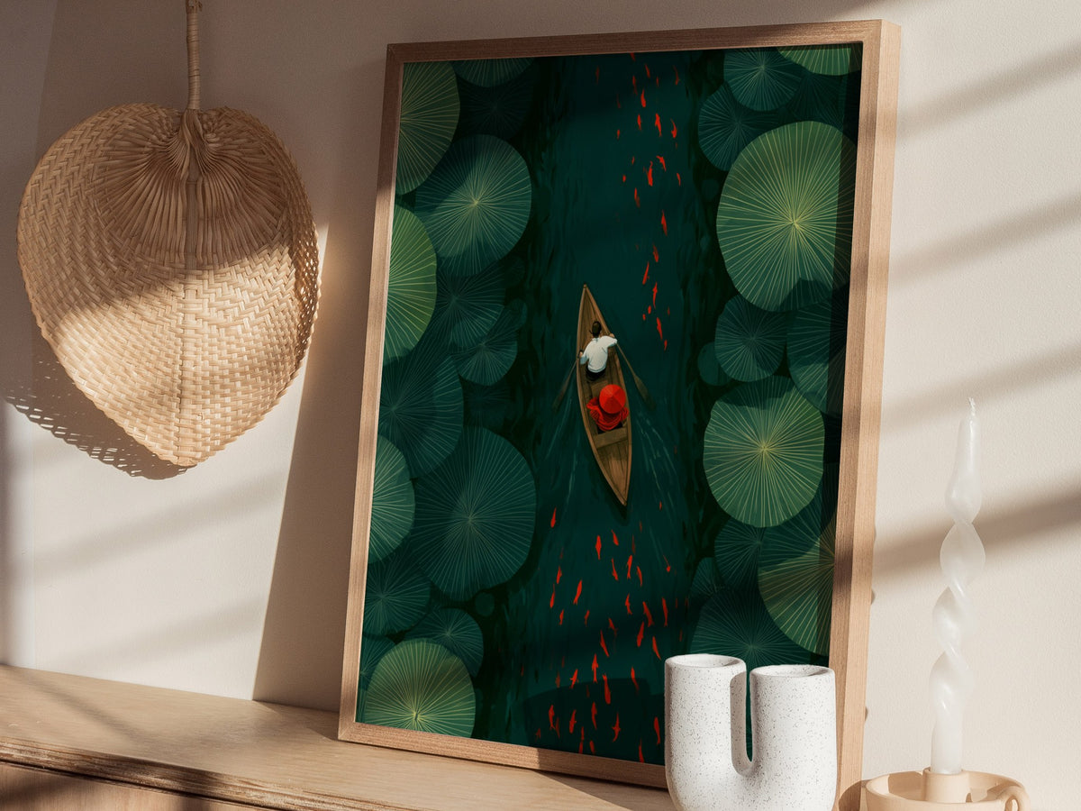 Lily Pad Passage Poster | Forest Green Illustrative Art Print | Botanical Wall Art — styled in an interior