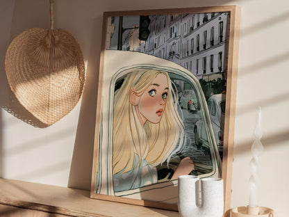 Girl Waits Red Poster | Cream and Sage Illustrative Art Print | Romantic Vintage Wall Art — styled in an interior