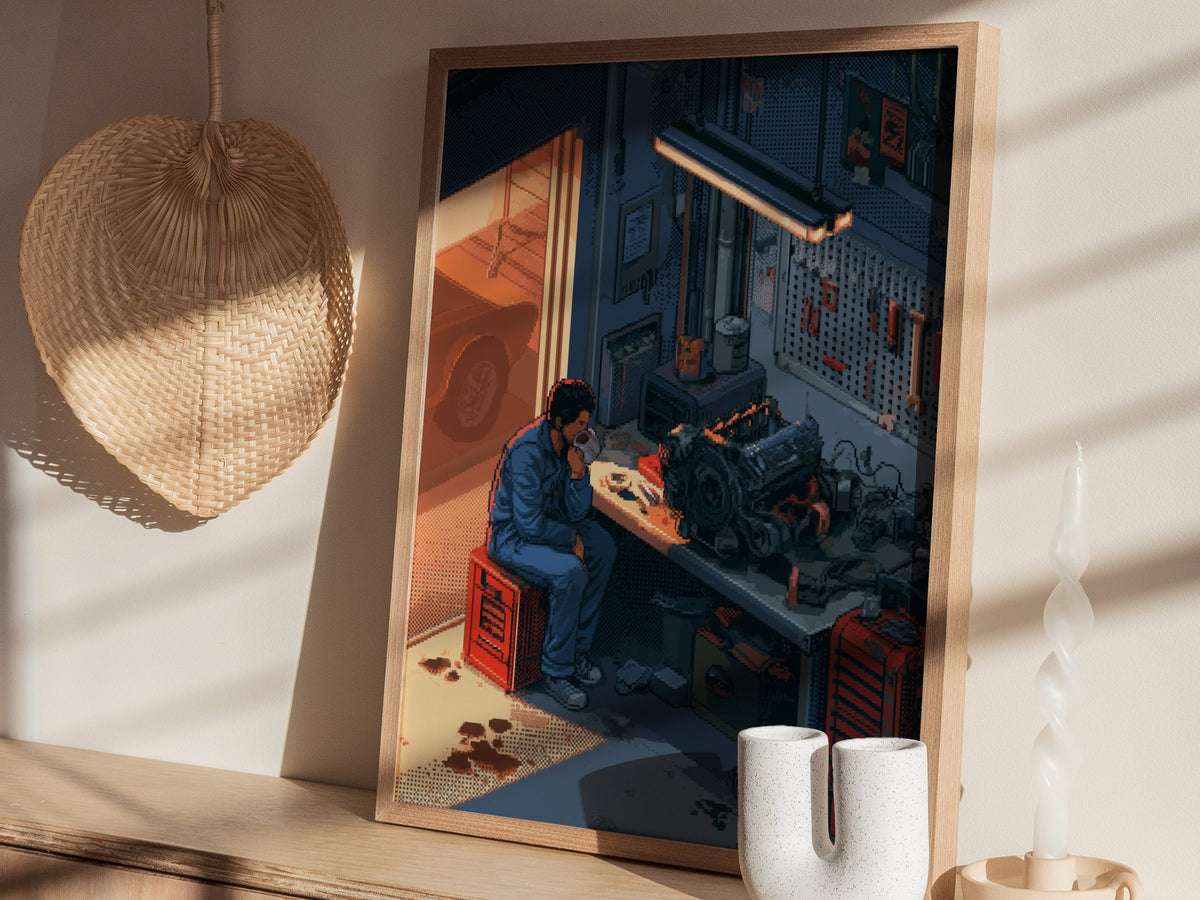 Mechanic Drinks Coffee Poster | Blue and Orange Pixel Art Print | Workshop Wall Art — styled in an interior
