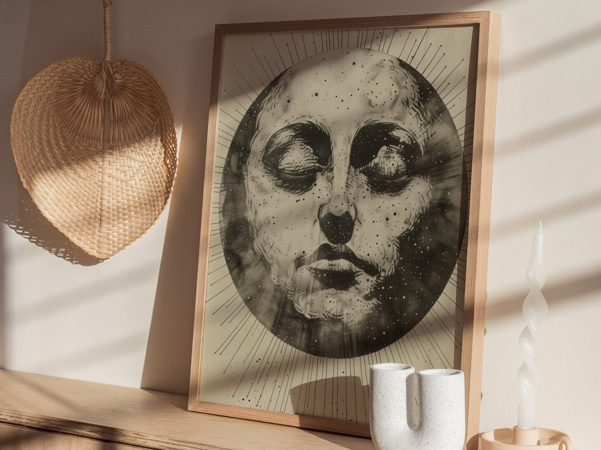 Ink Sun Face Poster | Black and Cream Pen and Ink Art Print | Dark Academia Wall Art — styled in an interior