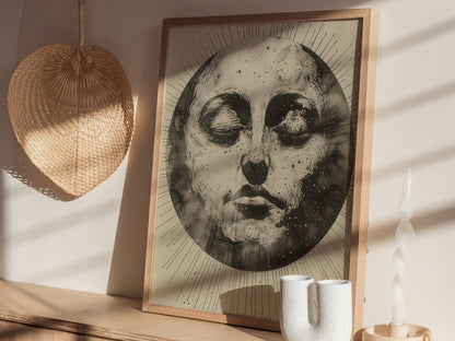 Ink Sun Face Poster | Black and Cream Pen and Ink Art Print | Dark Academia Wall Art — styled in an interior
