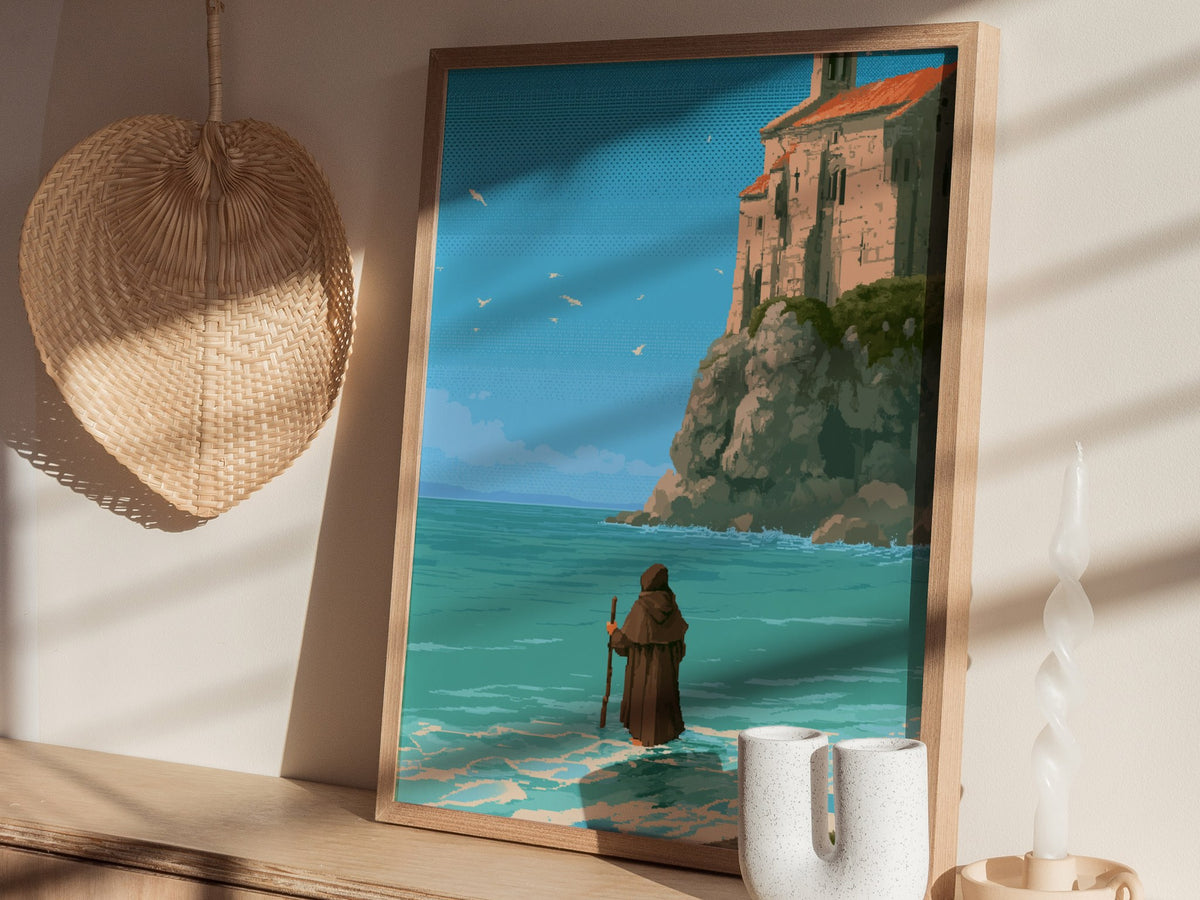 Pilgrim Touches Shore Poster | Turquoise and Earth Pixel Art Print | Retro Gaming Wall Art — styled in an interior