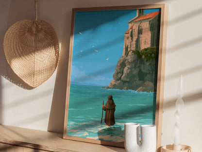 Pilgrim Touches Shore Poster | Turquoise and Earth Pixel Art Print | Retro Gaming Wall Art — styled in an interior