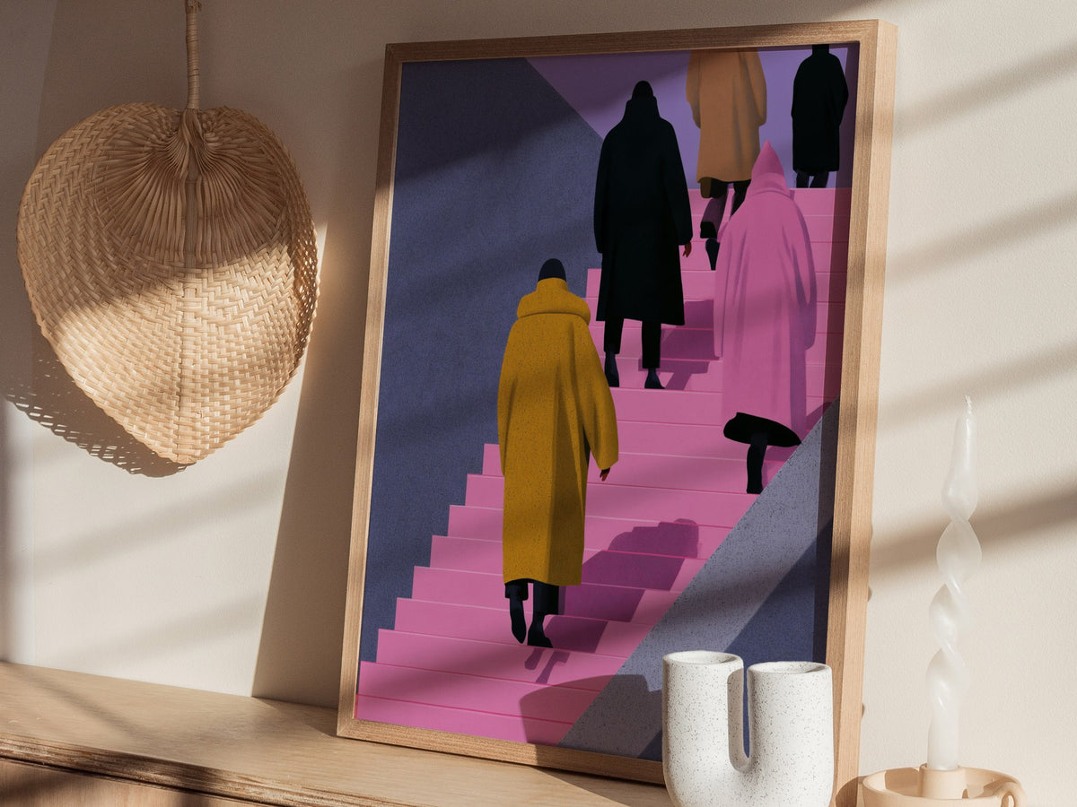 Figures Ascending Pink Poster | Pink and Purple Illustrative Art Print | Urban Minimalist Wall Art — styled in an interior