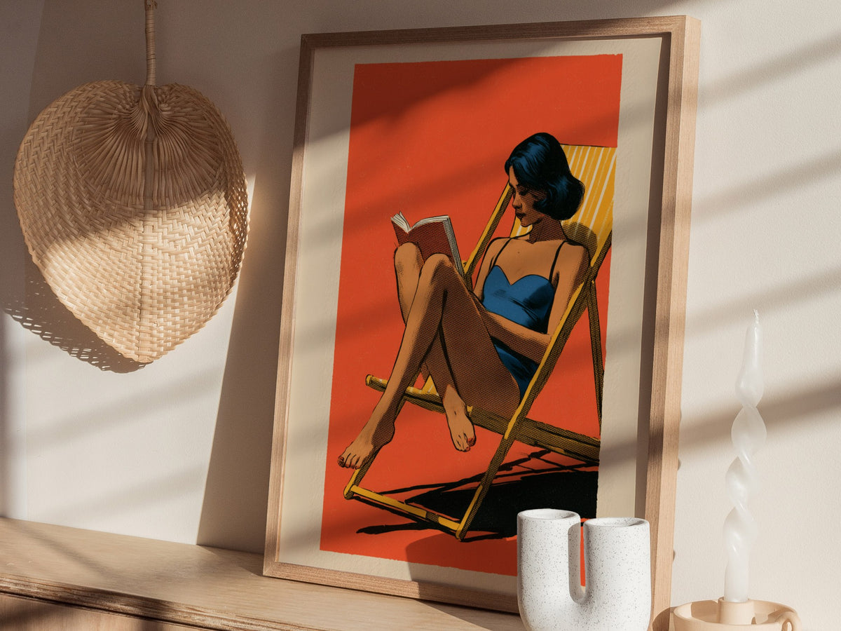 Deck Chair Reader Poster | Yellow Blue Coral Screen Print Art Print | Beach House Wall Art — styled in an interior